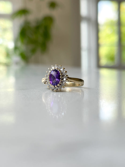 Vintage amethyst diamond halo ring on 9ct gold