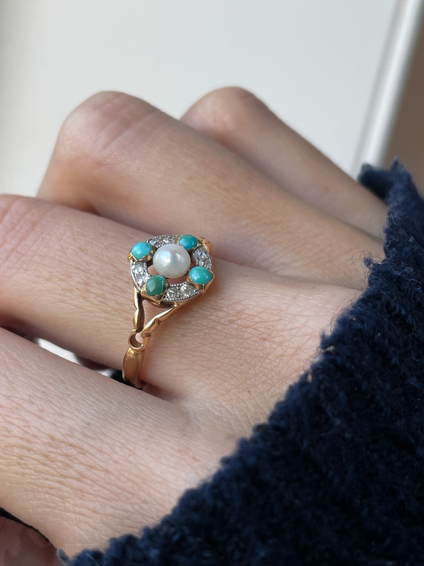 Antique turquoise pearl and diamond target cluster ring