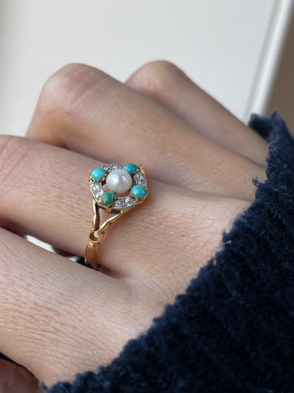Antique turquoise pearl and diamond target cluster ring