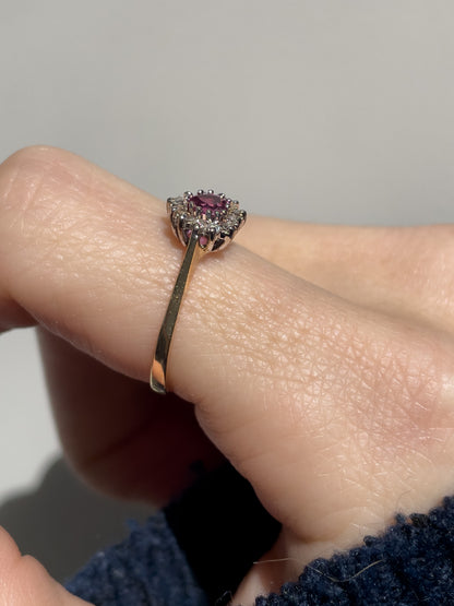 Vintage ruby and diamond heart halo cluster ring on 9ct gold