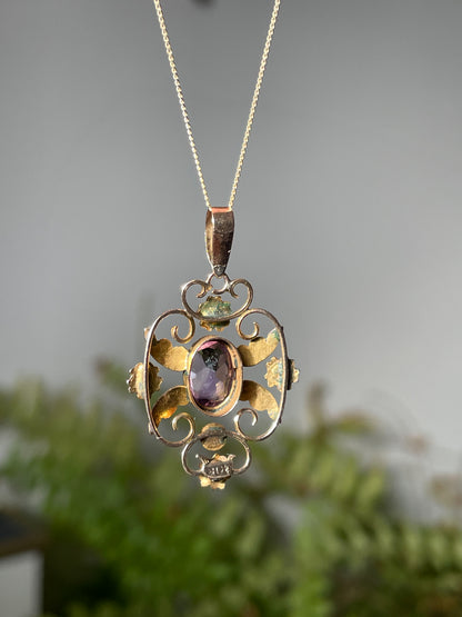 Victorian amethyst and seed pearl pendant with 9ct gold chain
