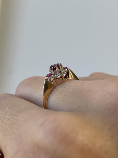 Vintage ruby and diamond trilogy ring on 9ct gold