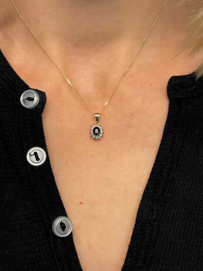 Vintage sapphire and diamond cluster necklace pendant and chain