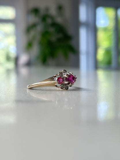 Vintage ruby and diamond trilogy ring on 9ct gold