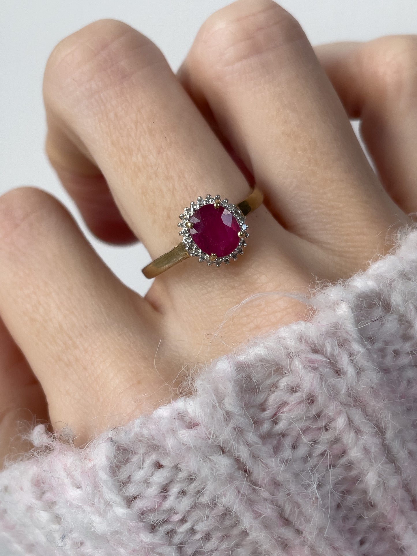 Vintage ruby and diamond halo cluster ring on 9ct gold