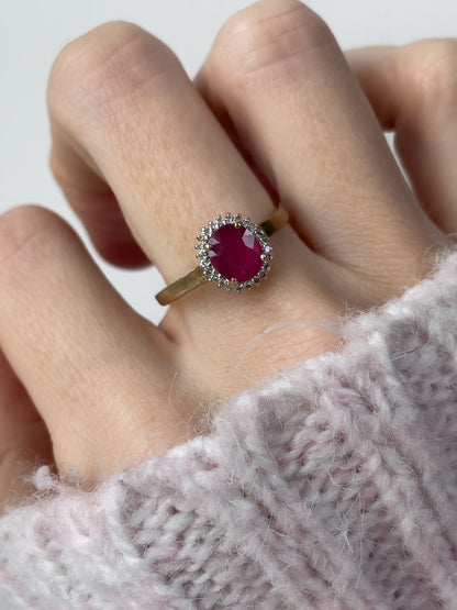 Vintage ruby and diamond halo cluster ring on 9ct gold