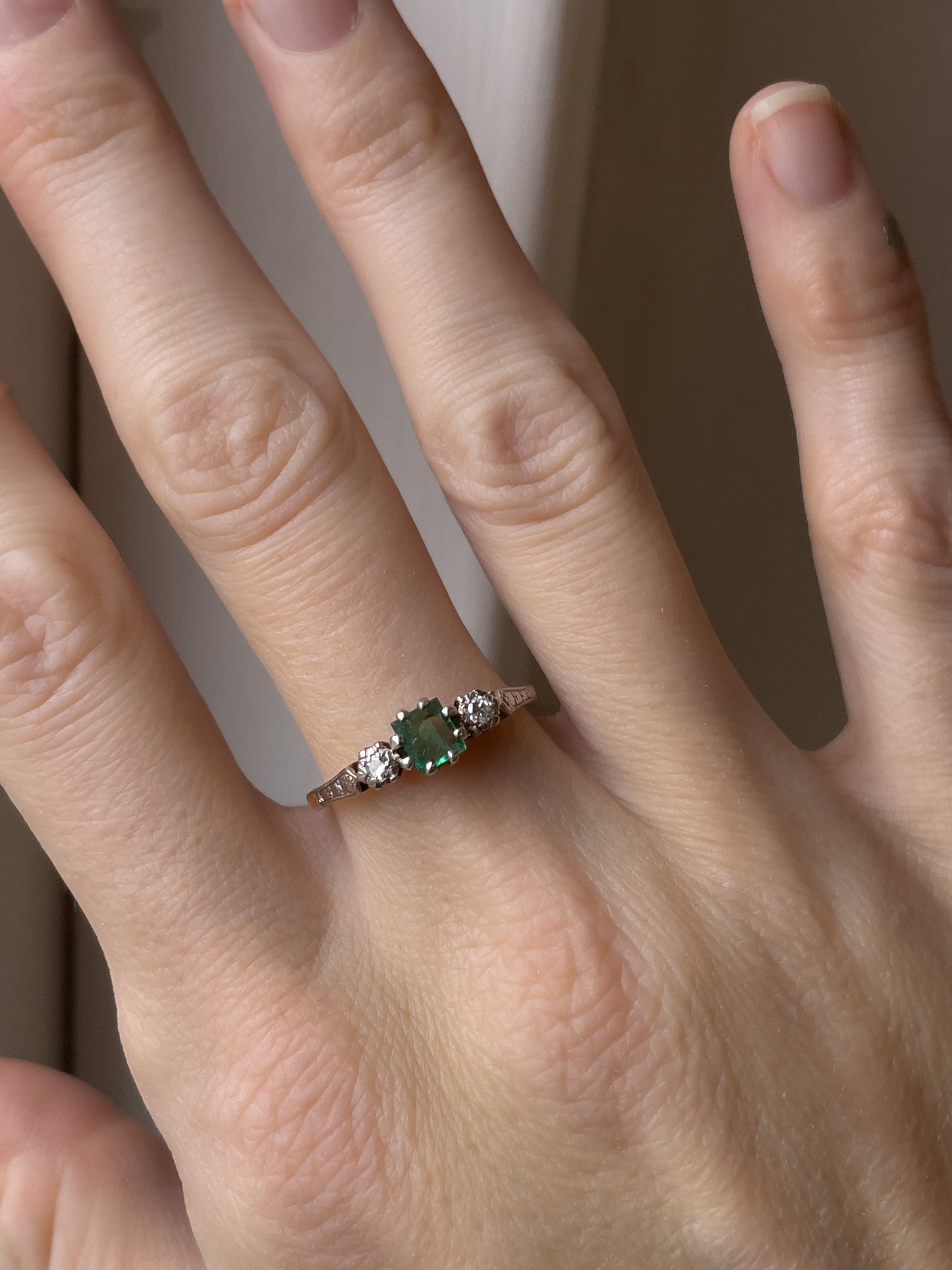 Vintage emerald and diamond trilogy ring on 18ct gold