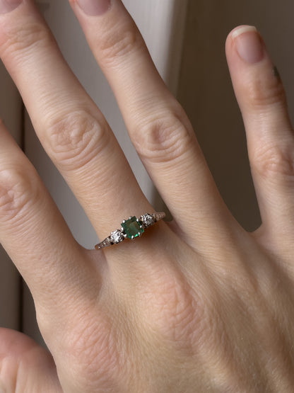 Vintage emerald and diamond trilogy ring on 18ct gold