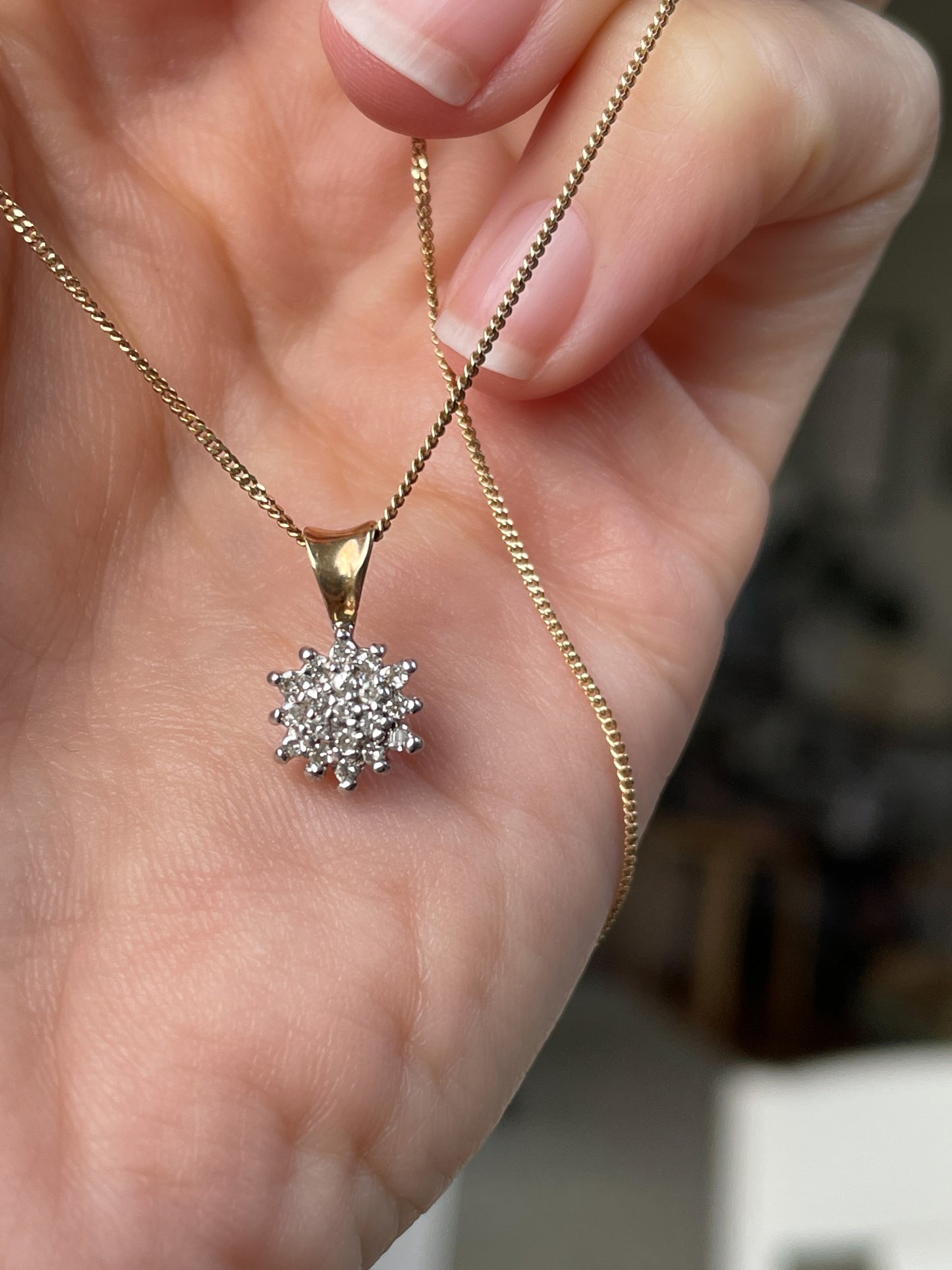 Vintage diamond cluster pendant with 9ct gold chain