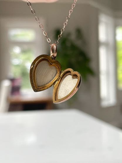 Antique pearl and sapphire heart locket with chain, on 9ct rose gold
