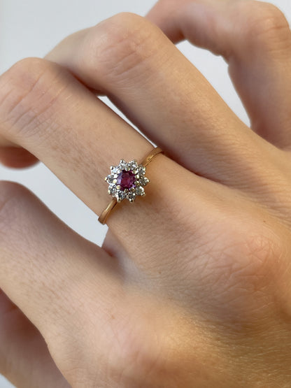 Vintage ruby and diamond halo cluster ring on 9ct gold