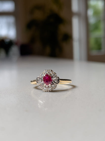 Antique ruby and diamond art deco panel ring on 18ct gold