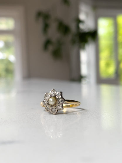 Vintage pearl and diamond flower ring on 18ct gold and platinum