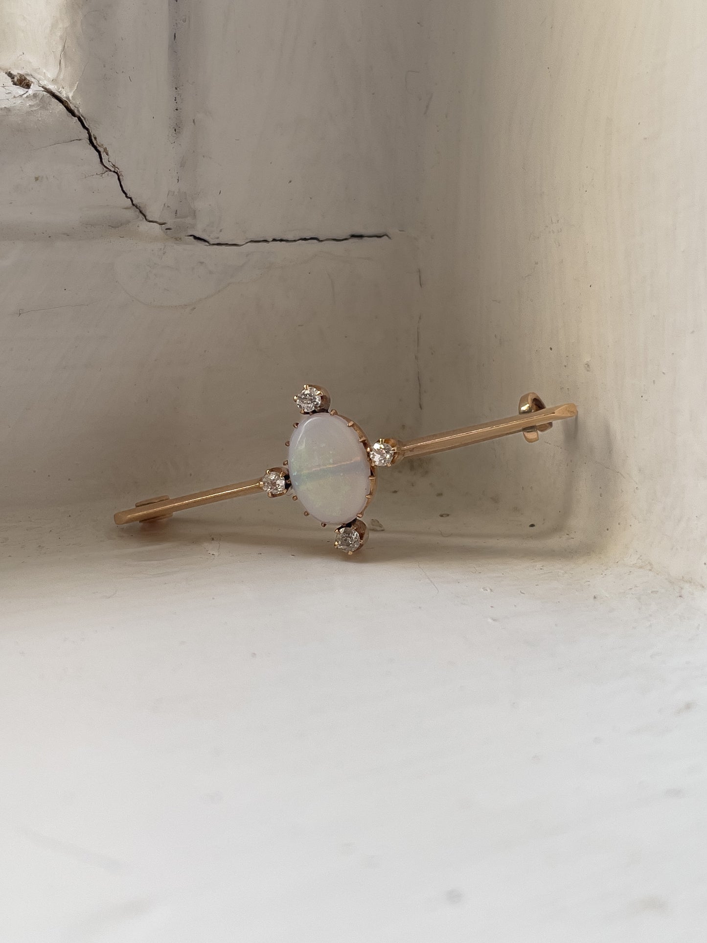 Vintage opal and diamond bar brooch on 9ct gold