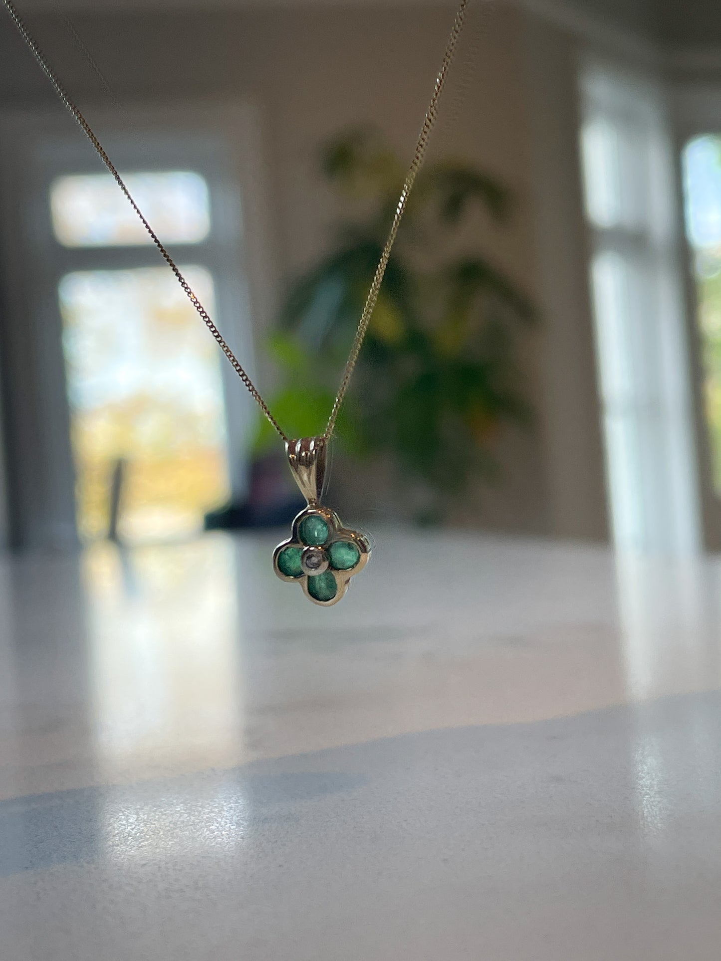 Vintage emerald and diamond clover necklace and chain