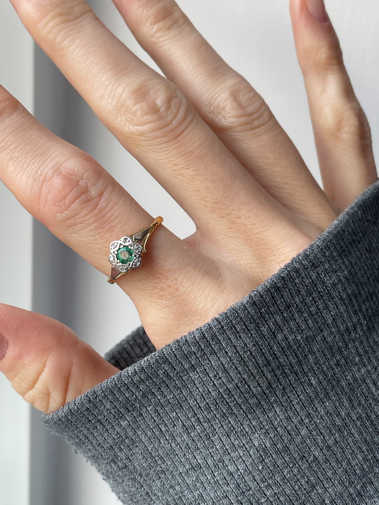 1960's Emerald and diamond halo cluster ring on 18ct gold