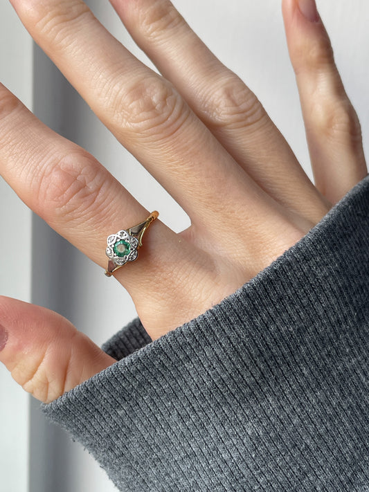 1960's Emerald and diamond halo cluster ring on 18ct gold