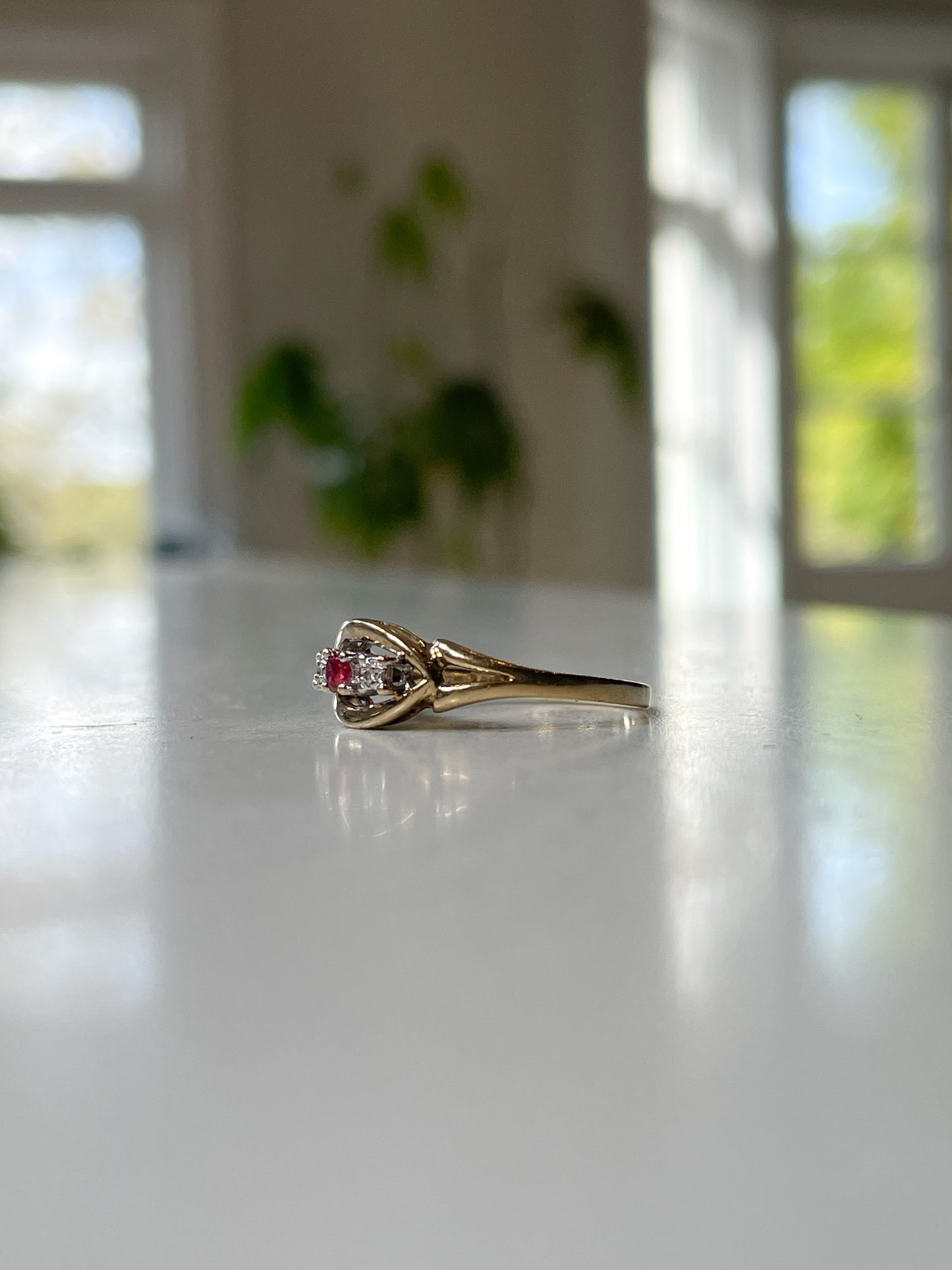 Vintage ruby and diamond trilogy ring on 9ct gold