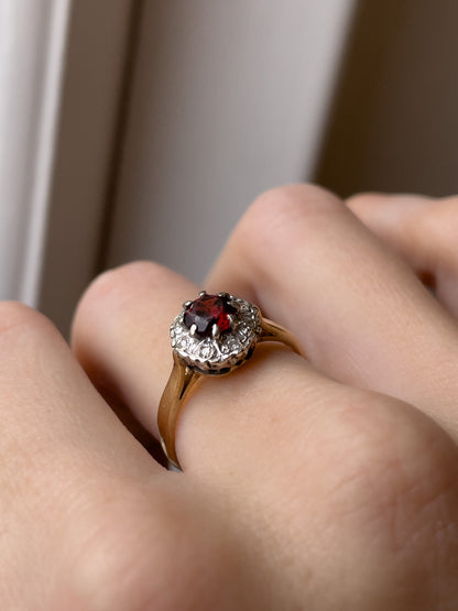 Vintage 1970s garnet and diamond halo cluster ring on 9ct gold