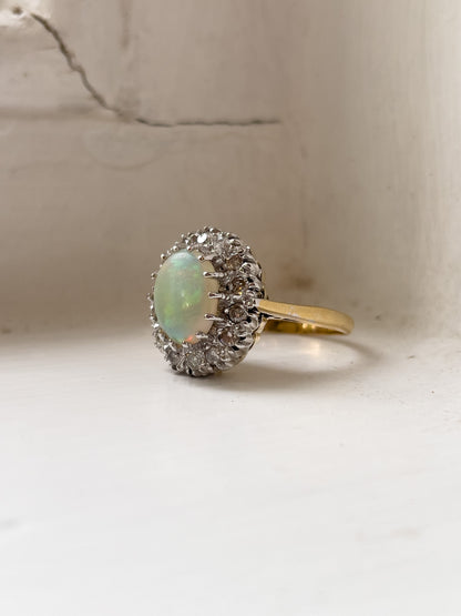 Vintage opal and diamond halo cluster ring on 18ct gold