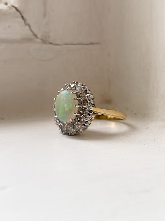 Vintage opal and diamond halo cluster ring on 18ct gold