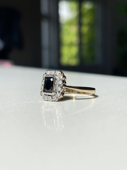 Vintage sapphire and diamond picture frame style ring