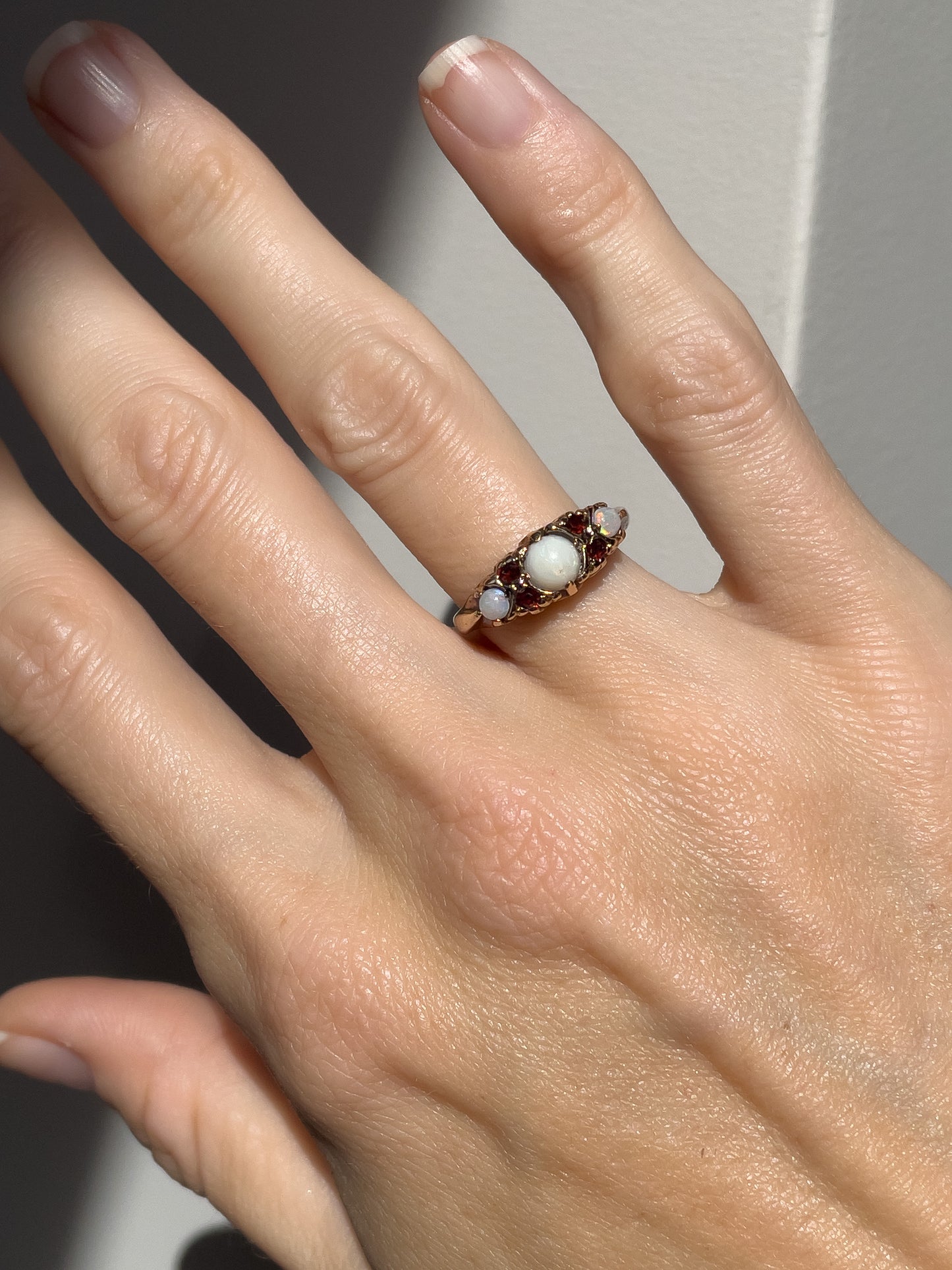 Vintage opal and garnet ring on 9ct gold
