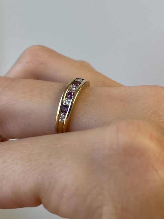 Vintage amethyst and diamond half eternity ring on 9ct gold