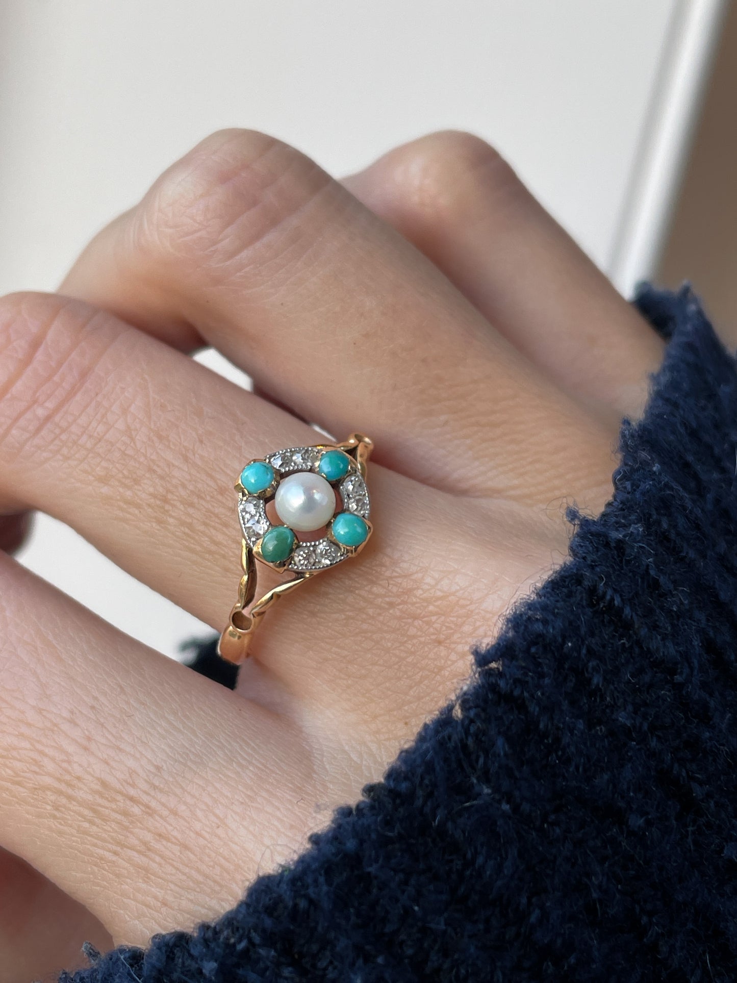 Antique turquoise pearl and diamond target cluster ring