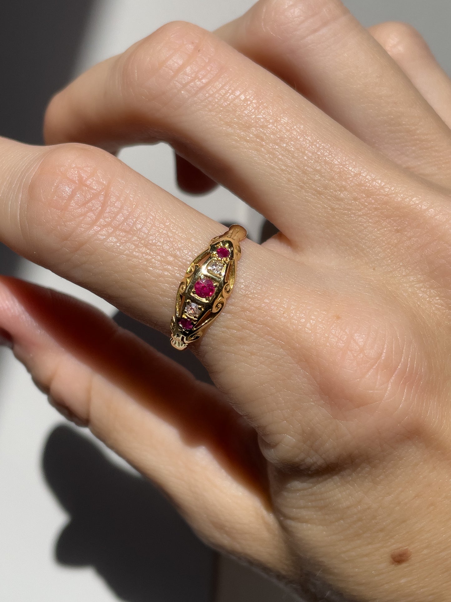 Antique ruby and diamond boat ring on 18ct gold