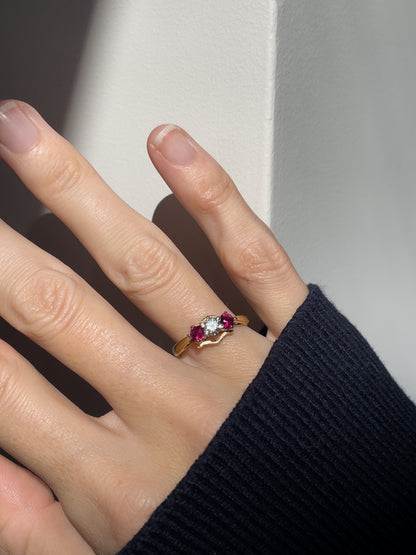 Vintage 1970s ruby and diamond trilogy ring on 18ct gold