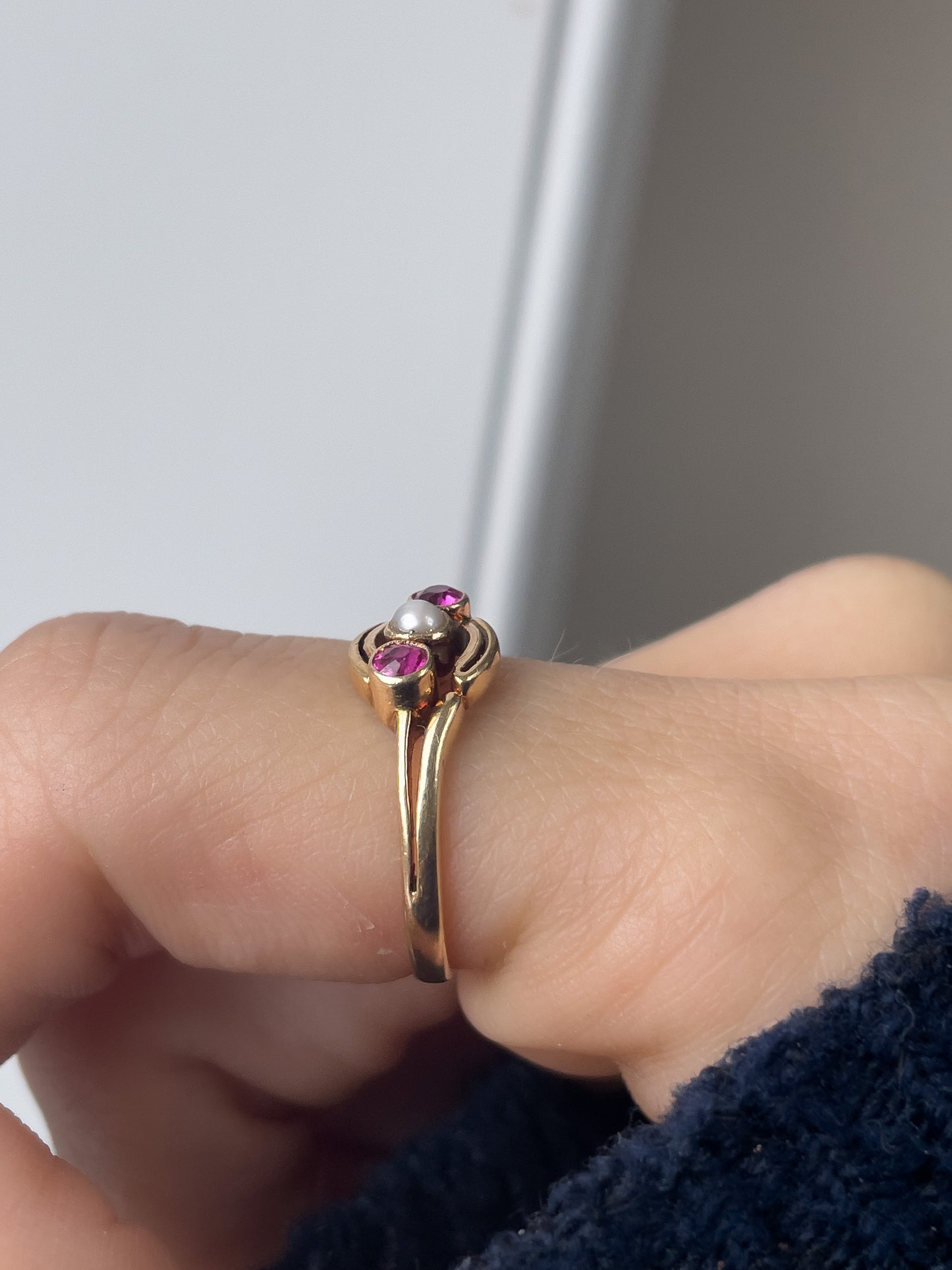 Vintage seed pearl and ruby trilogy ring on 18ct gold