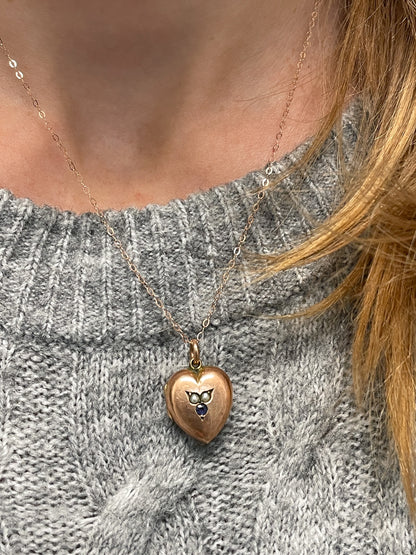 Antique pearl and sapphire heart locket with chain, on 9ct rose gold