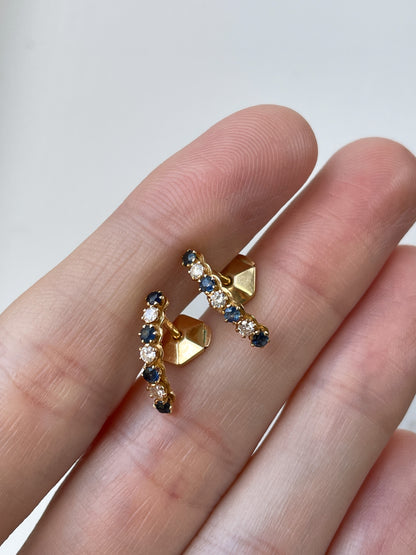 Vintage French sapphire and diamond half hoop earrings on 18ct gold