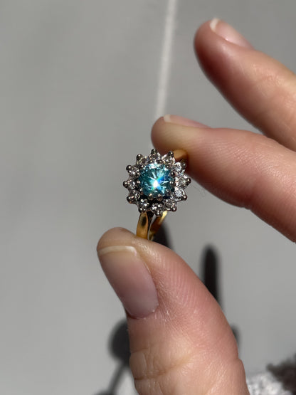 Vintage blue zircon and diamond daisy cluster ring on 18ct gold (with valuation for £1,900)