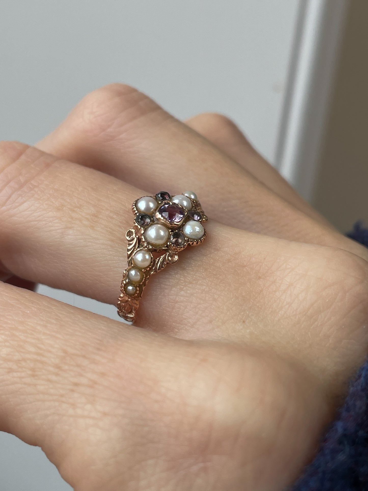 Antique seed pearl and amethyst ring on 9ct rose gold