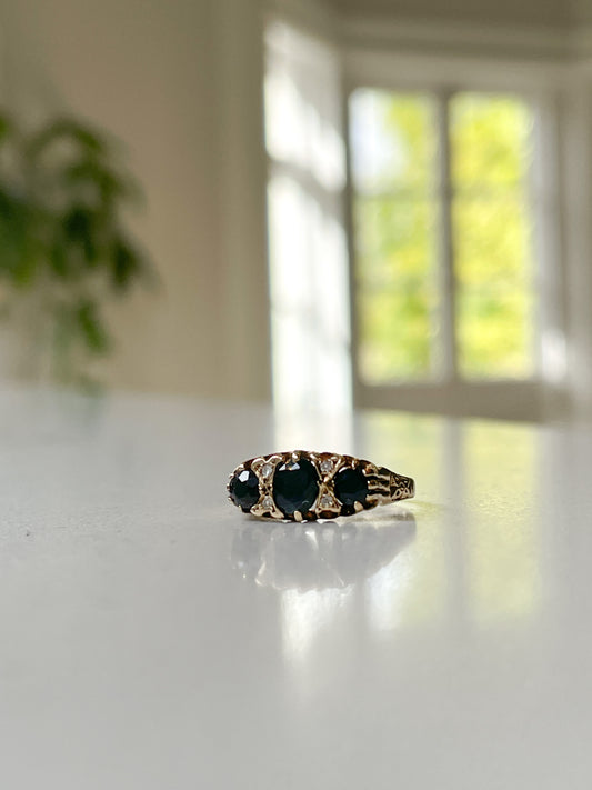 Vintage sapphire and diamond boat ring