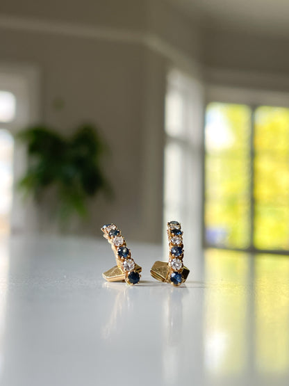 Vintage French sapphire and diamond half hoop earrings on 18ct gold