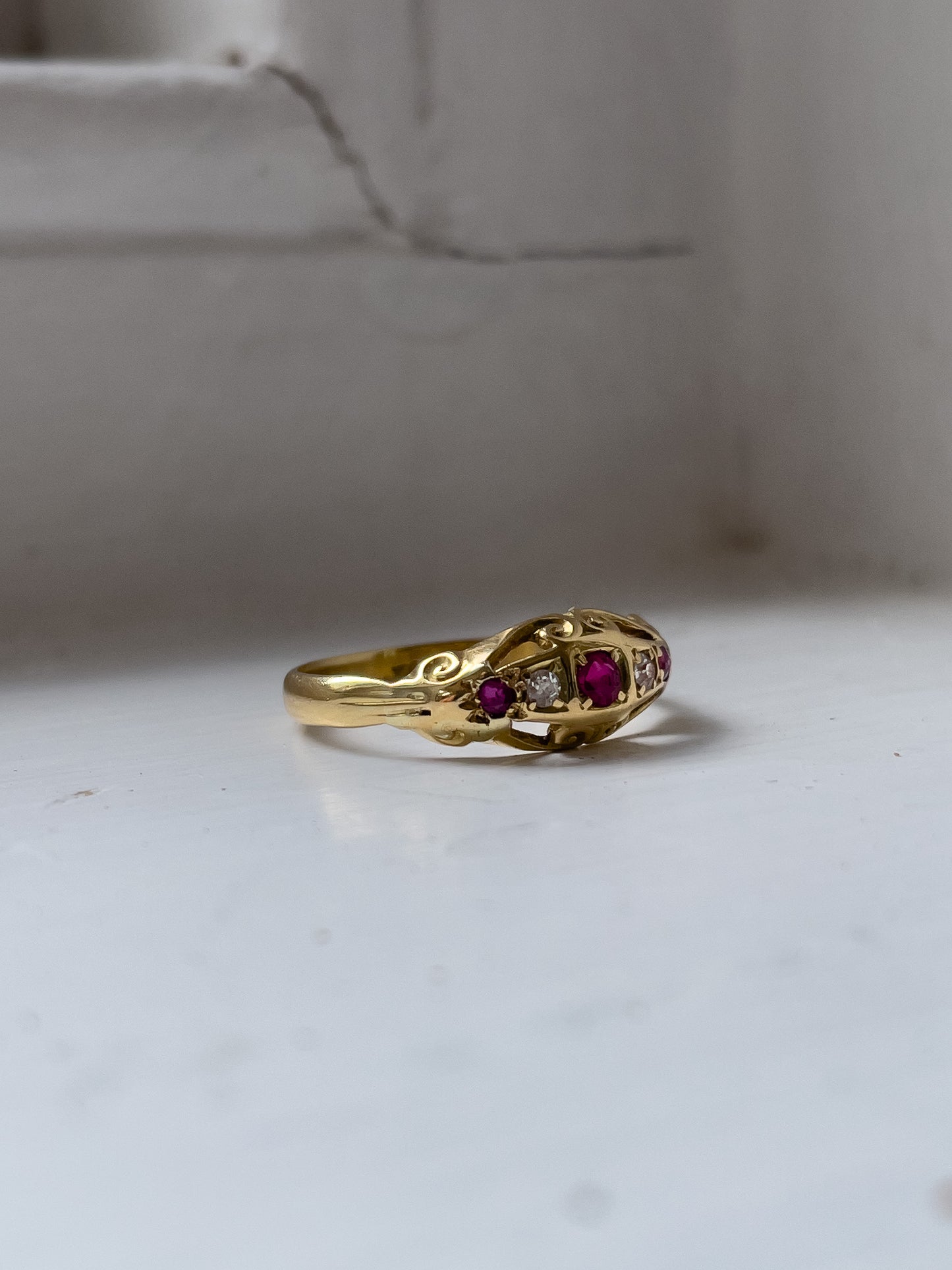 Antique ruby and diamond boat ring on 18ct gold