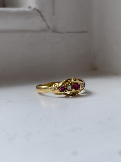 Antique ruby and diamond boat ring on 18ct gold