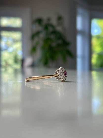 Vintage ruby and diamond halo cluster ring on 9ct gold