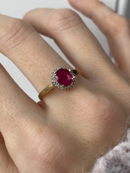 Vintage ruby and diamond halo cluster ring on 9ct gold
