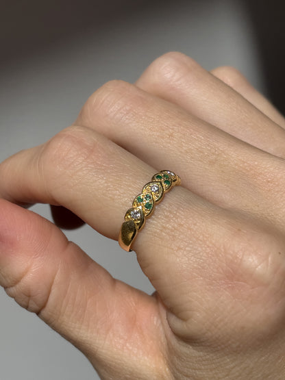 Vintage emerald and diamond patterned band ring on 18ct gold