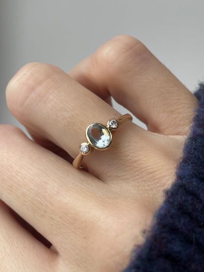 Vintage aquamarine and diamond trilogy ring on 9ct gold