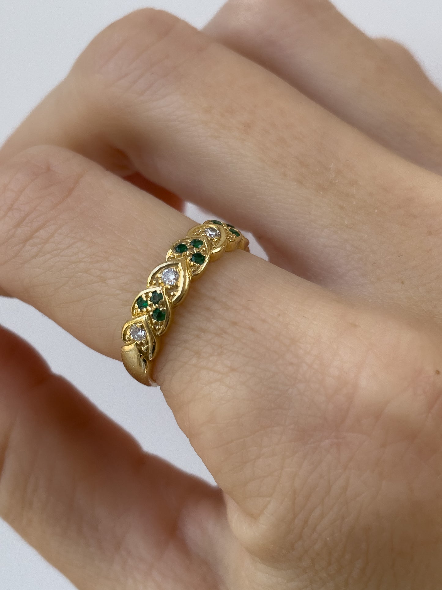 Vintage emerald and diamond patterned band ring on 18ct gold