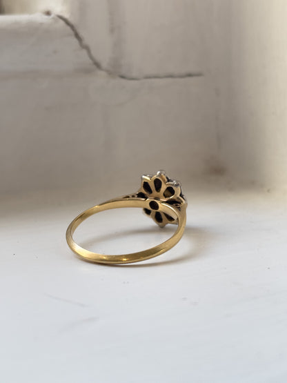 Vintage pearl and diamond flower ring on 18ct gold and platinum