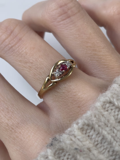 Vintage ruby and diamond trilogy ring on 9ct gold