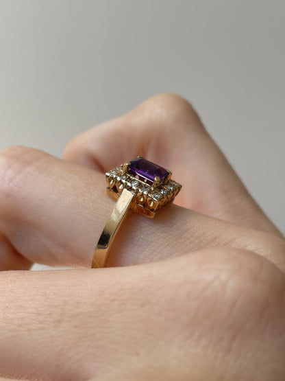 Vintage amethyst and diamond halo ring on 9ct gold