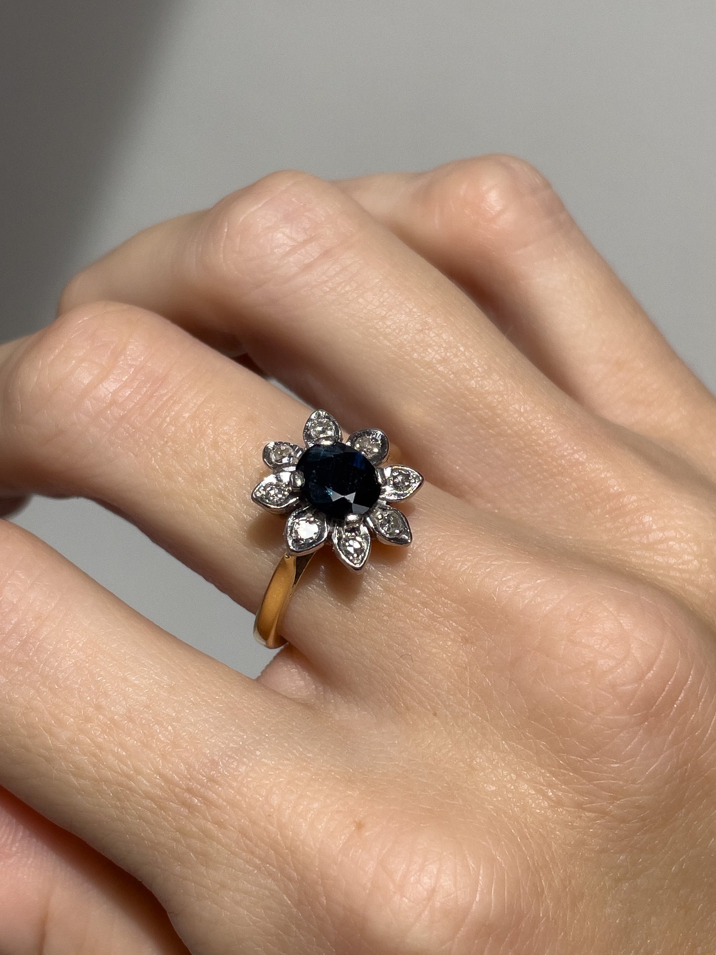 Vintage sapphire and diamond floral cluster ring on 18ct gold