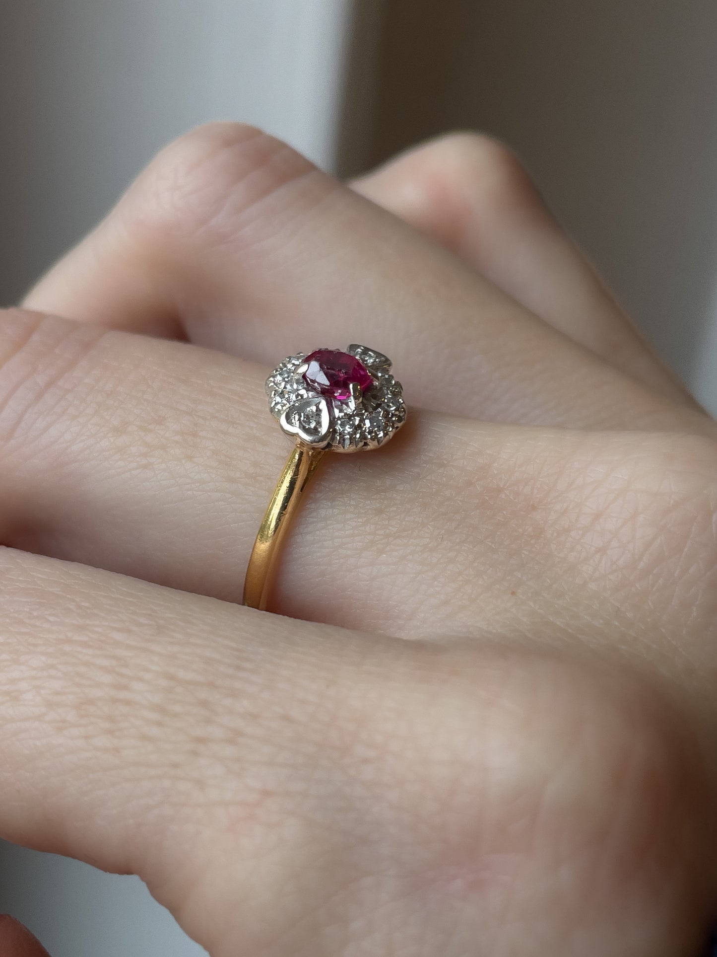 Antique ruby and diamond art deco panel ring on 18ct gold